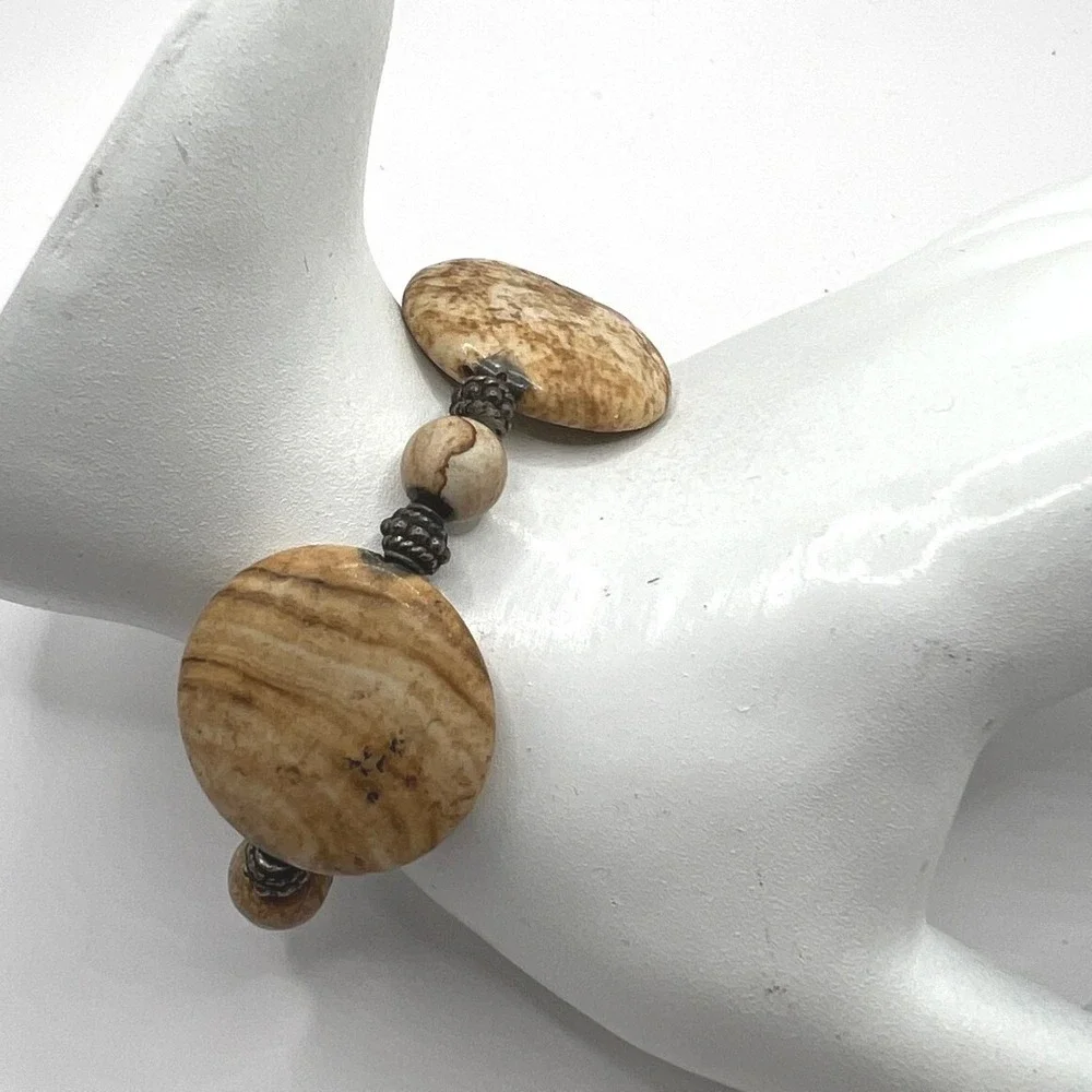 Handmade Brown Glass Beaded‎ Bracelet Gold Orange Swirls Stripes